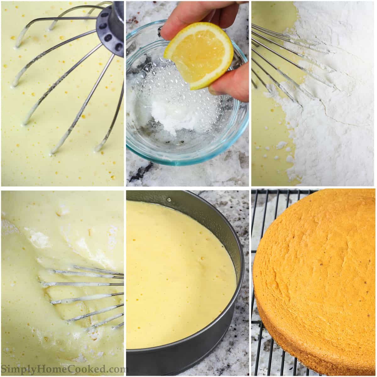 Step by step photo collage of mixing wet and dry ingredients then pouring into pan before baking and putting on a wire rack to cool