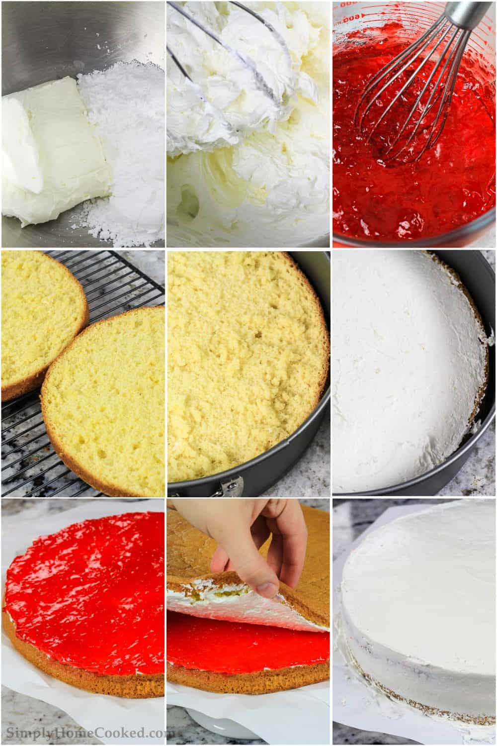 Step by step photo collage of mixing cream cheese and Jello layers for this cherry Jello cake recipe