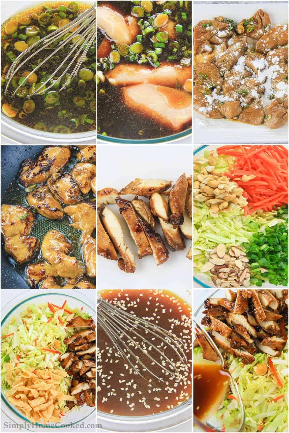 a step by step photo collage on how to make a simple asian chicken salad 