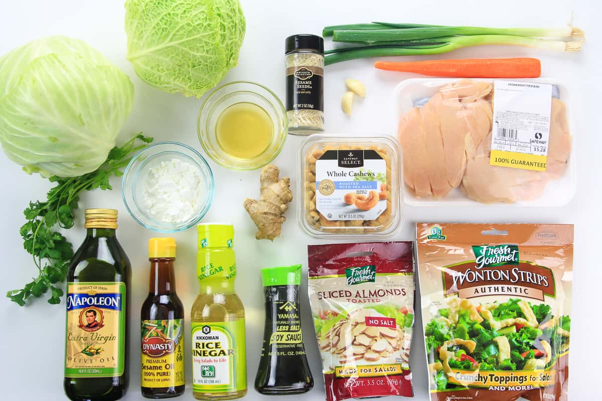 an overhead image of ingredients needed for Asian chicken salad on a white background 