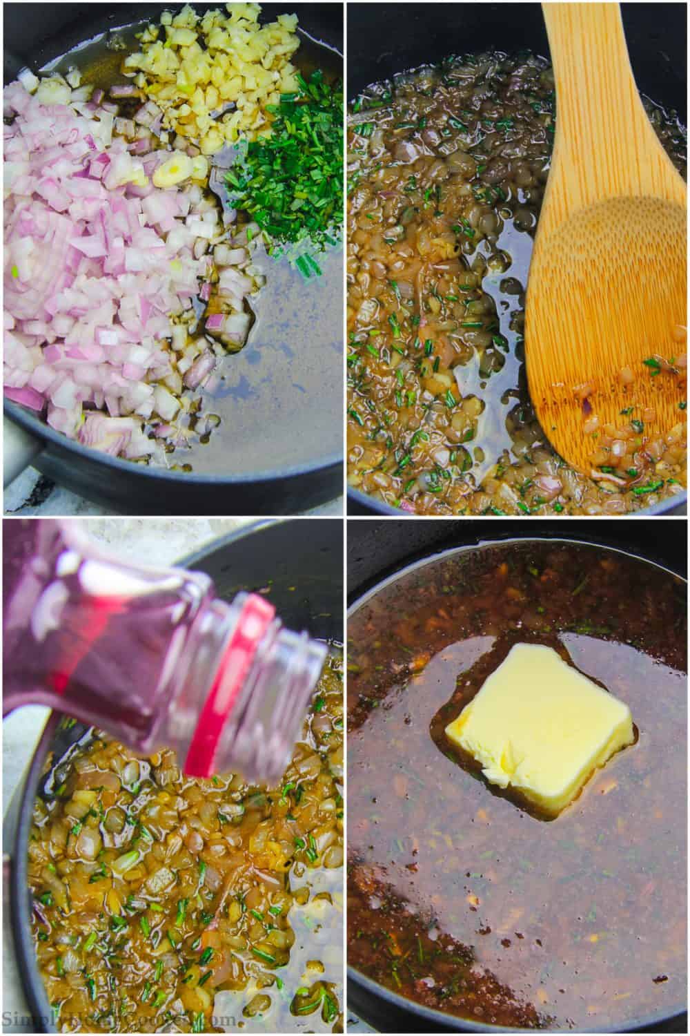 chopped shallots, herbs, lamb drippings, butter, and pomegranate juice in saucepan