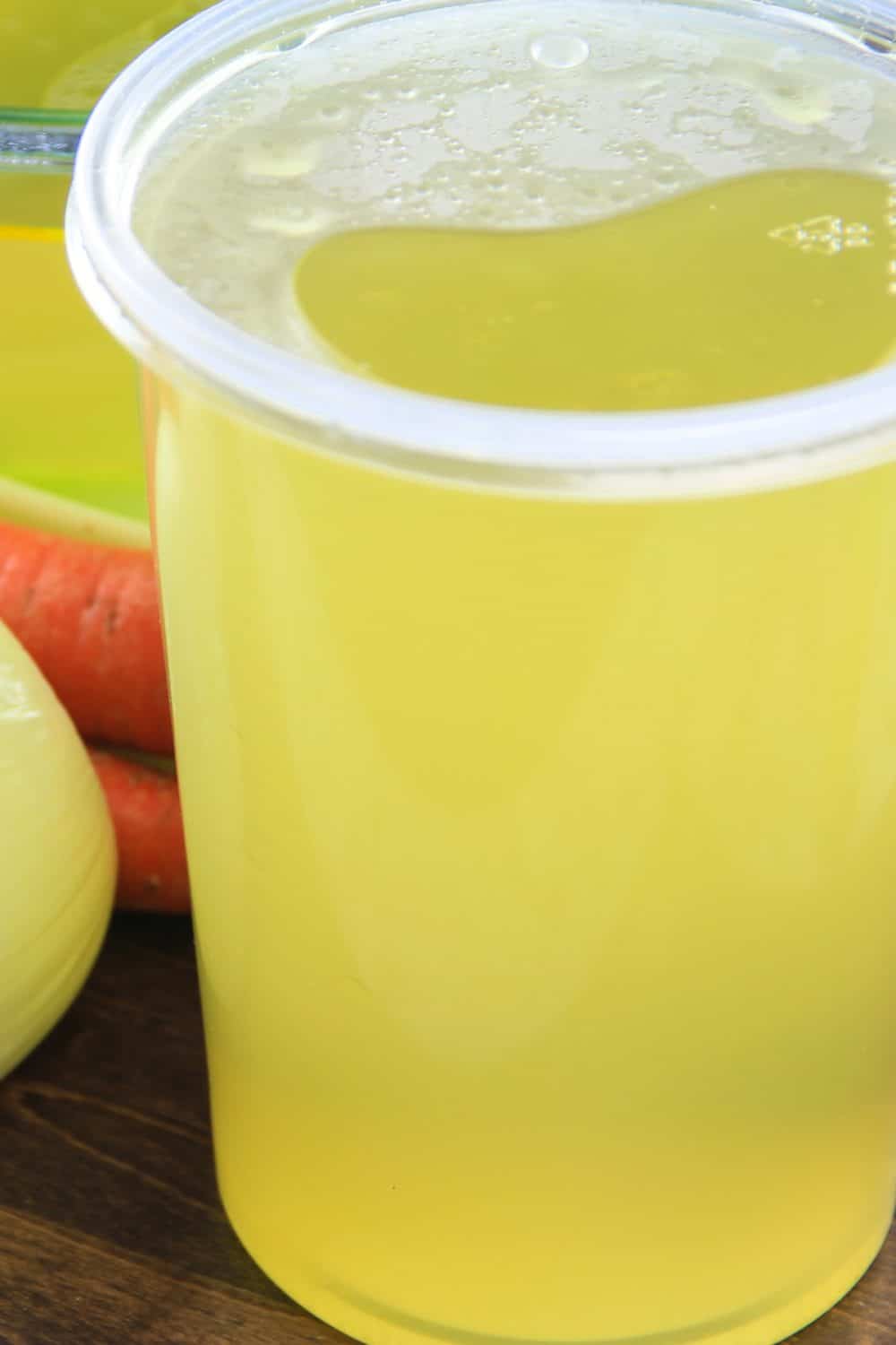 a close up image of homemade chicken broth in a large plastic tub with onion and carrots in the background