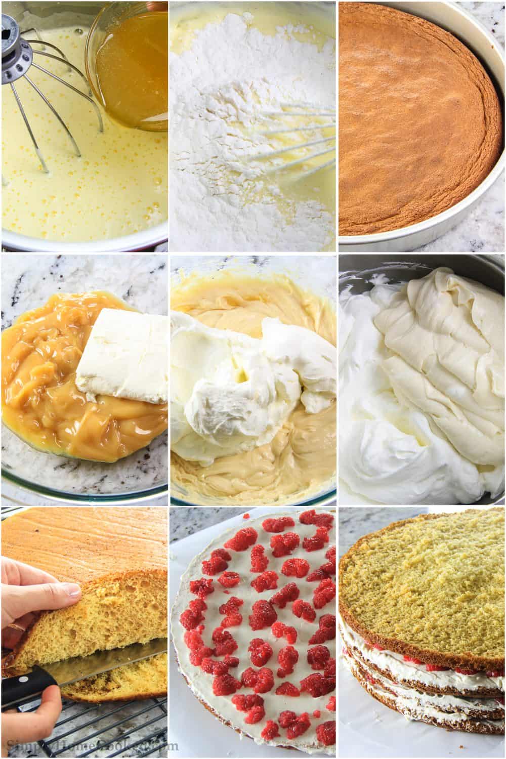 Photo collage of the process of making the raspberry cake and layering it to serve