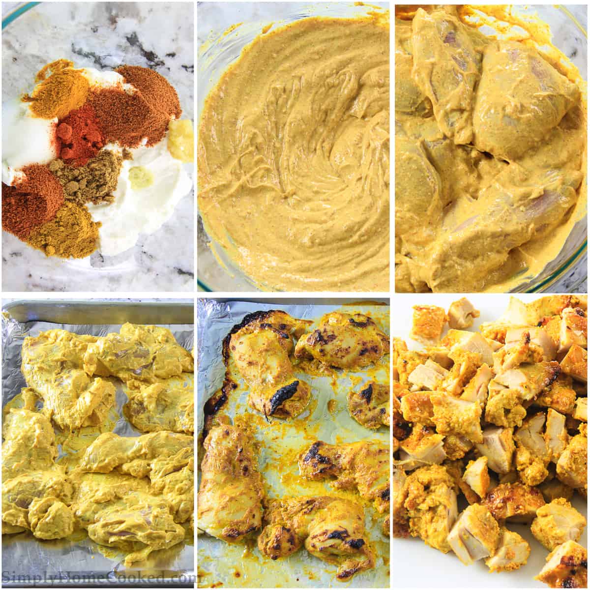 Six tiles showing the steps to make Indian butter chicken marinade, including combining spices with yogurt, covering the chicken, putting it on a baking sheet, and then cooking and cubing the chicken.