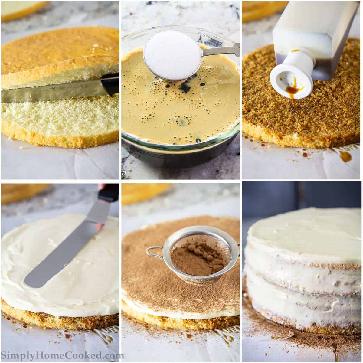 slicing spongecake in half, frosting on spongecake, dusting cake with cocoa powder