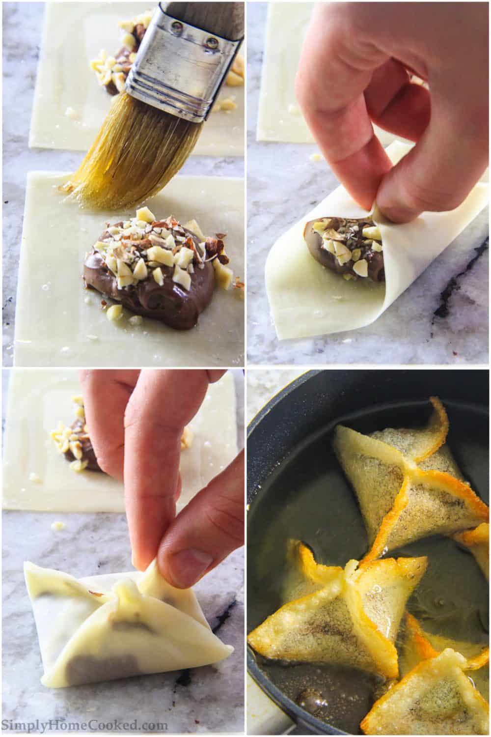 Step by step picture collage of how to create the Nutella stuffed wonton recipe from wrapping to frying. 