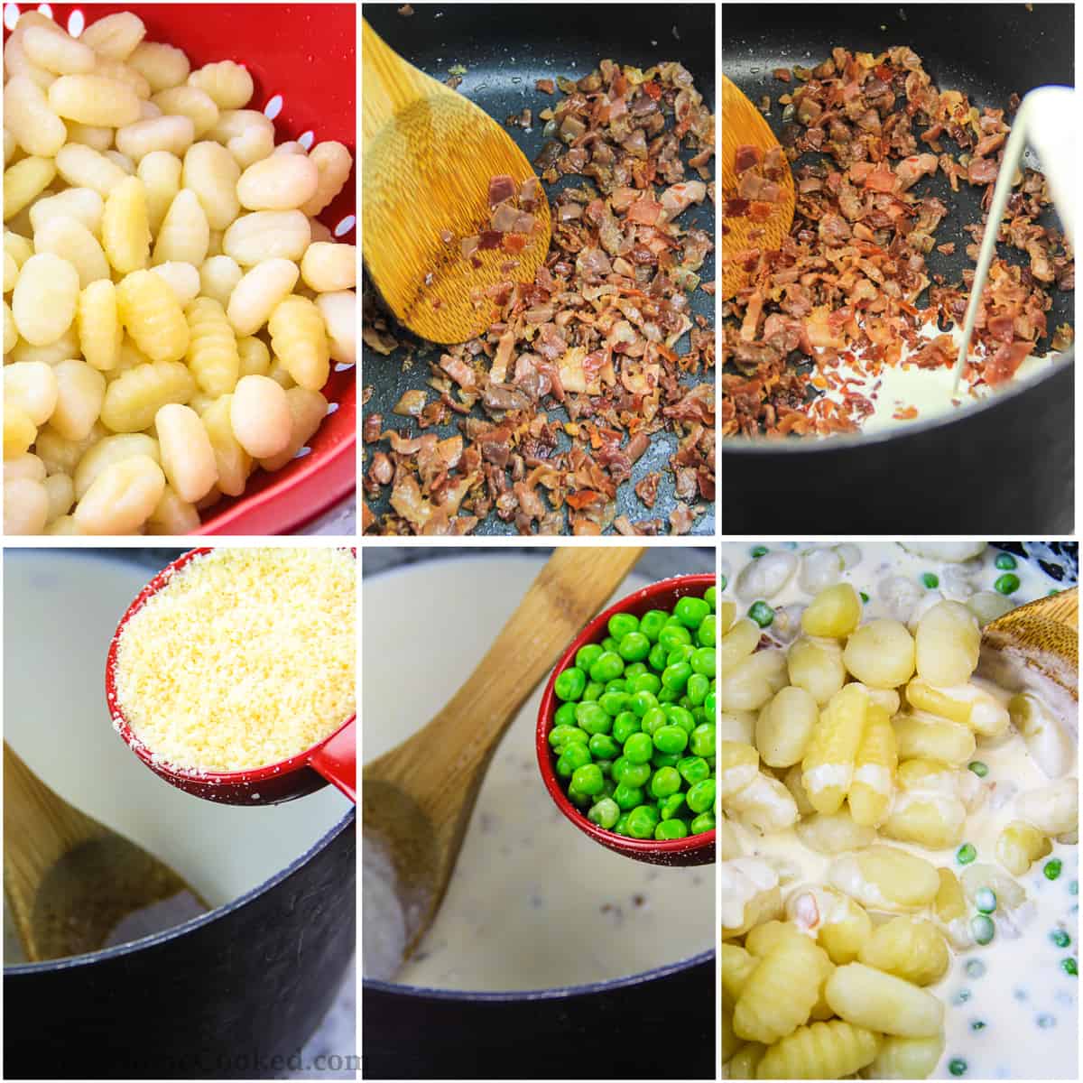 Step by step photo collage of cooking the potato gnocchi recipe including cooking the prosciutto and making the cream sauce