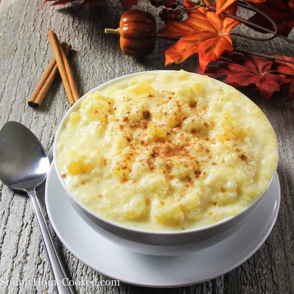 pumpkin rice pudding in a white bowl with cinnamon on top