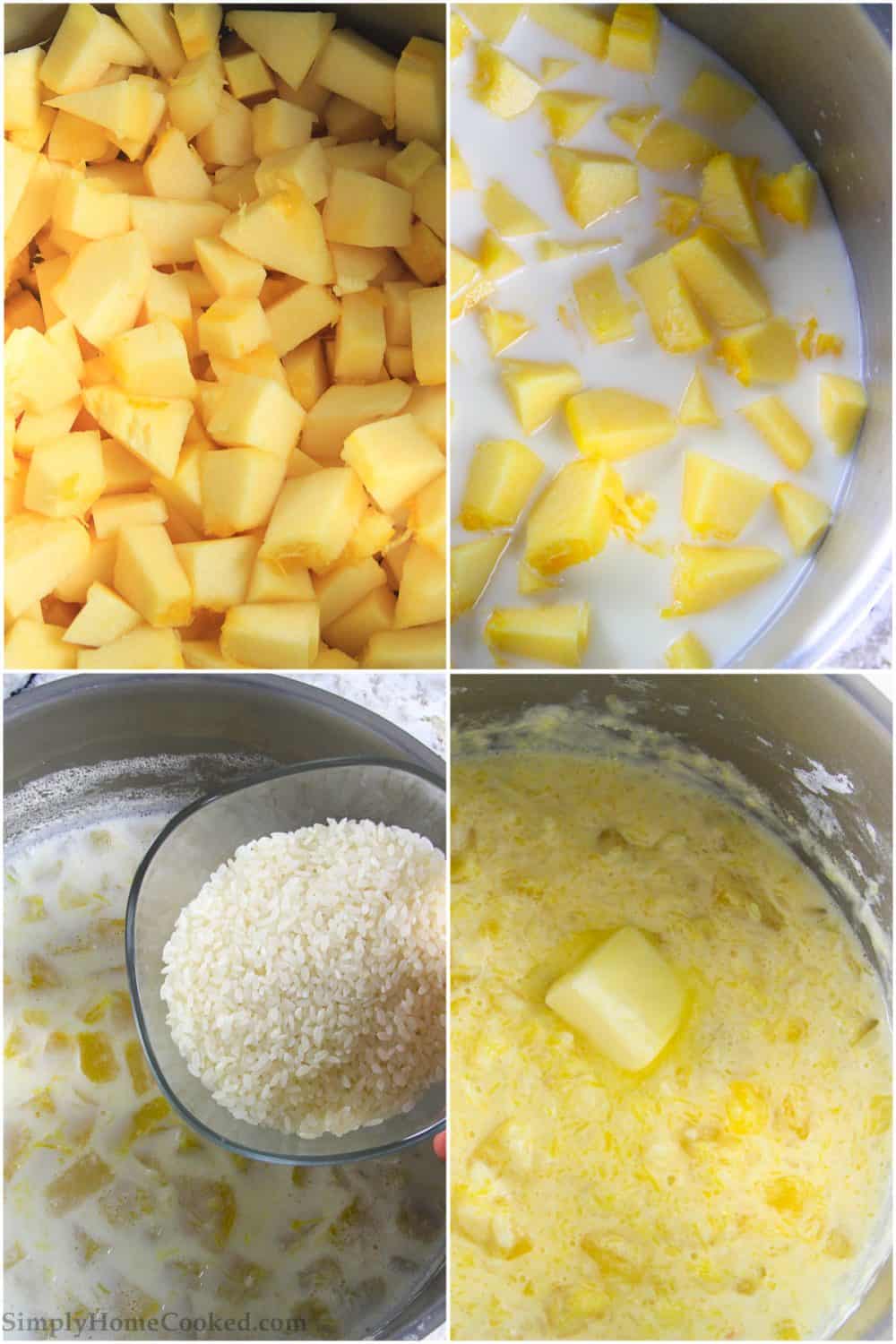 a step by step photo collage on how to make rice pudding with squash