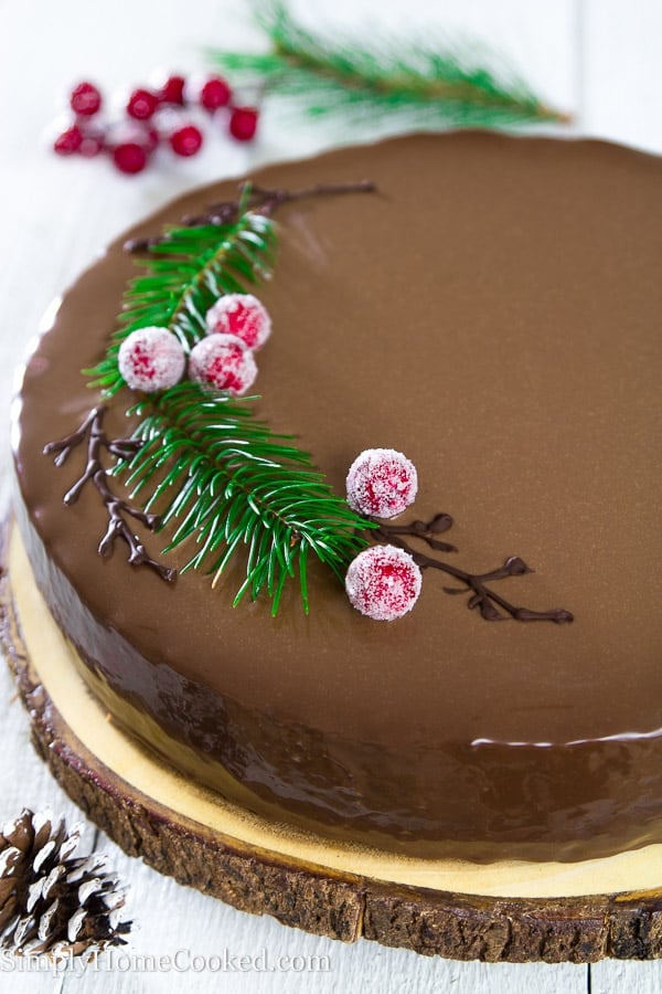 Up close picture of completed Drunken Chocolate Cherry Cake laying on a slice of wood that is laying on a white wooden table with pinecones and cherries alongside cake as decorations