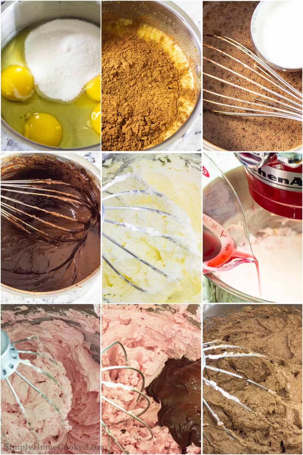 Picture tutorial of creating chocolate cream mixture, then butter and sugar mixture to blend together for the chocolate cherry cake buttercream 