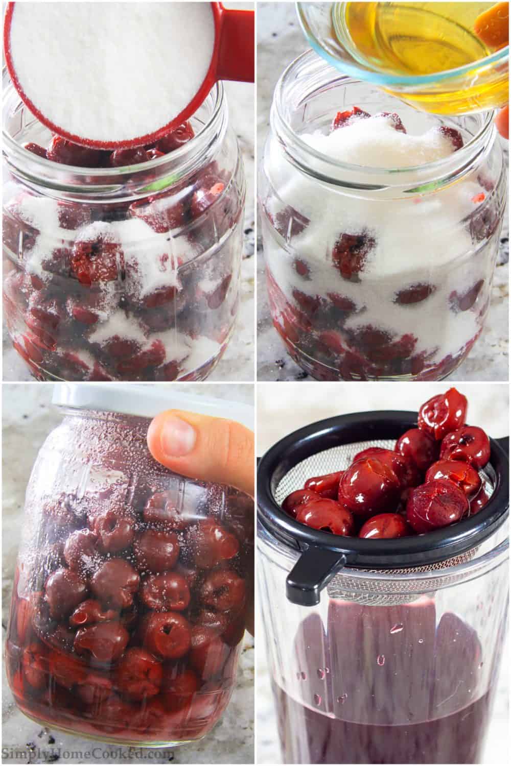 Step by step picture collage of how to make rum soaked cherries for chocolate cherry cake including adding sugar, alcohol, and straining cherries after soaking. 