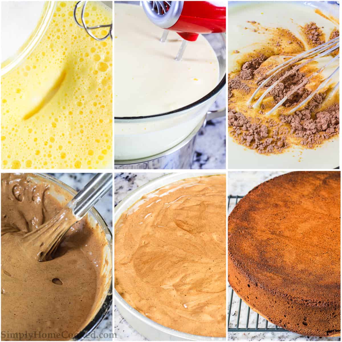 Picture collage of beating eggs, adding sugar, heating over simmering water, and mixing in dry ingredients prior to baking to create the chocolate cherry cake base layer. 