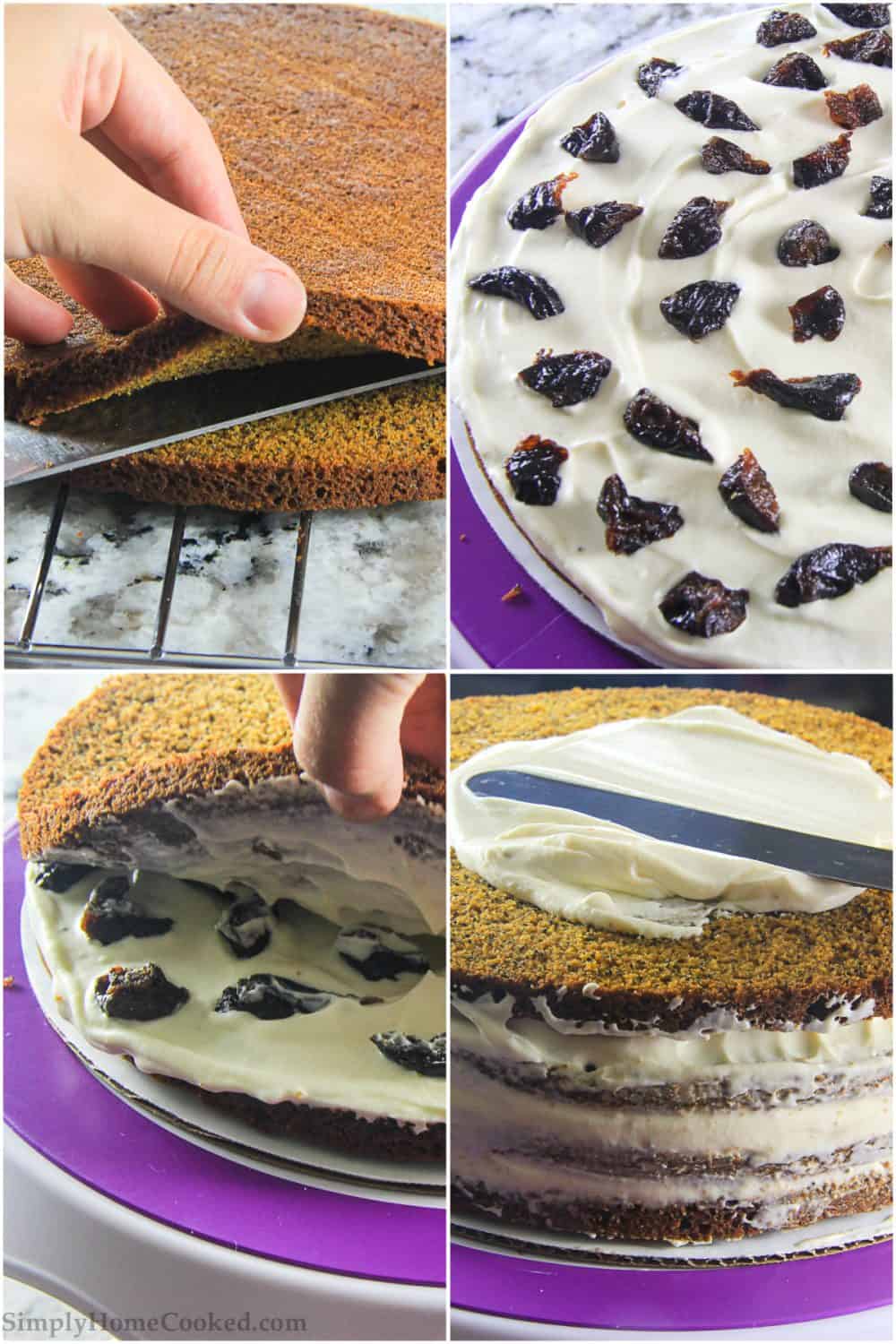 Four tiled images of a Poppy Seed Honey Cake being assembled by cutting the cake and spreading cream frosting and plums between the layers before frosting the outside.