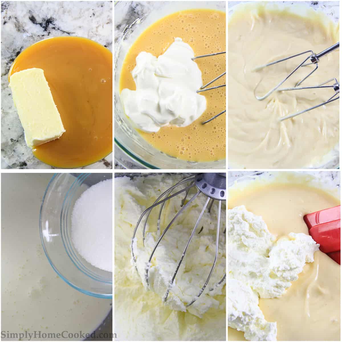 Six tiled images of butter, sour cream, and condensed milk being mixed into a cream frosting with a whisk and beater, then folded together,