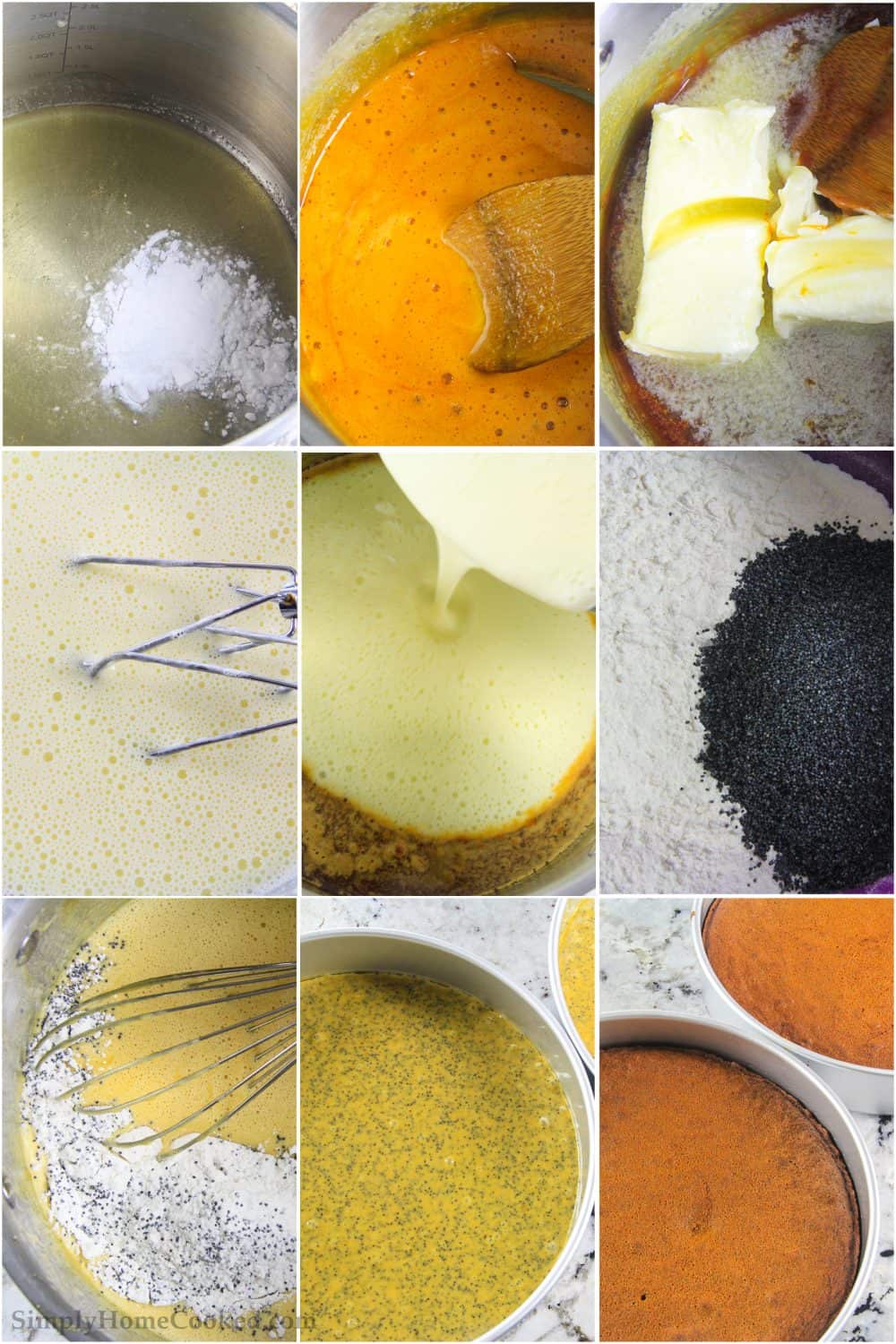 Nine tiled images of honey and baking soda being mixed with butter, sugar, poppy seeds, flour, and eggs, then poured into two bake pans.