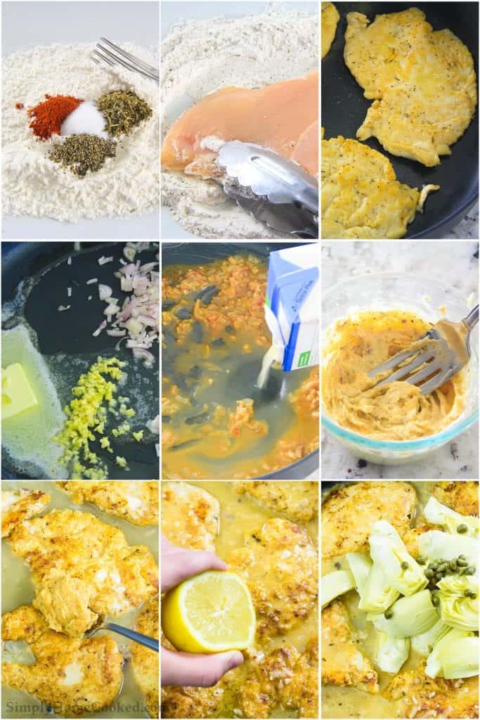 step by step photo collage of how to make chicken piccata