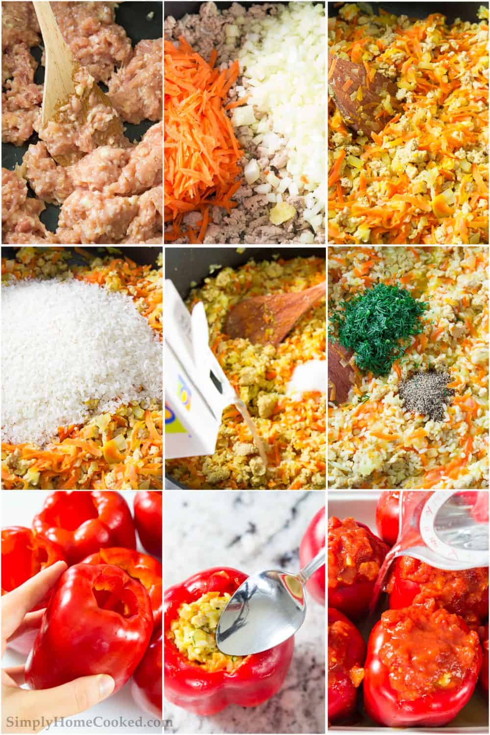 a 9 picture collage on how to make the best chicken stuffed peppers