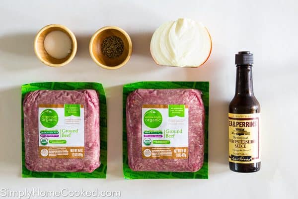 Homemade beef burger patties ingredients: ground beef, salt, pepper, onion, and Worcestershire sauce