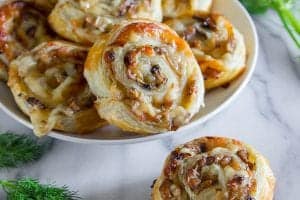 cheesy mushroom pinwheels on a plate