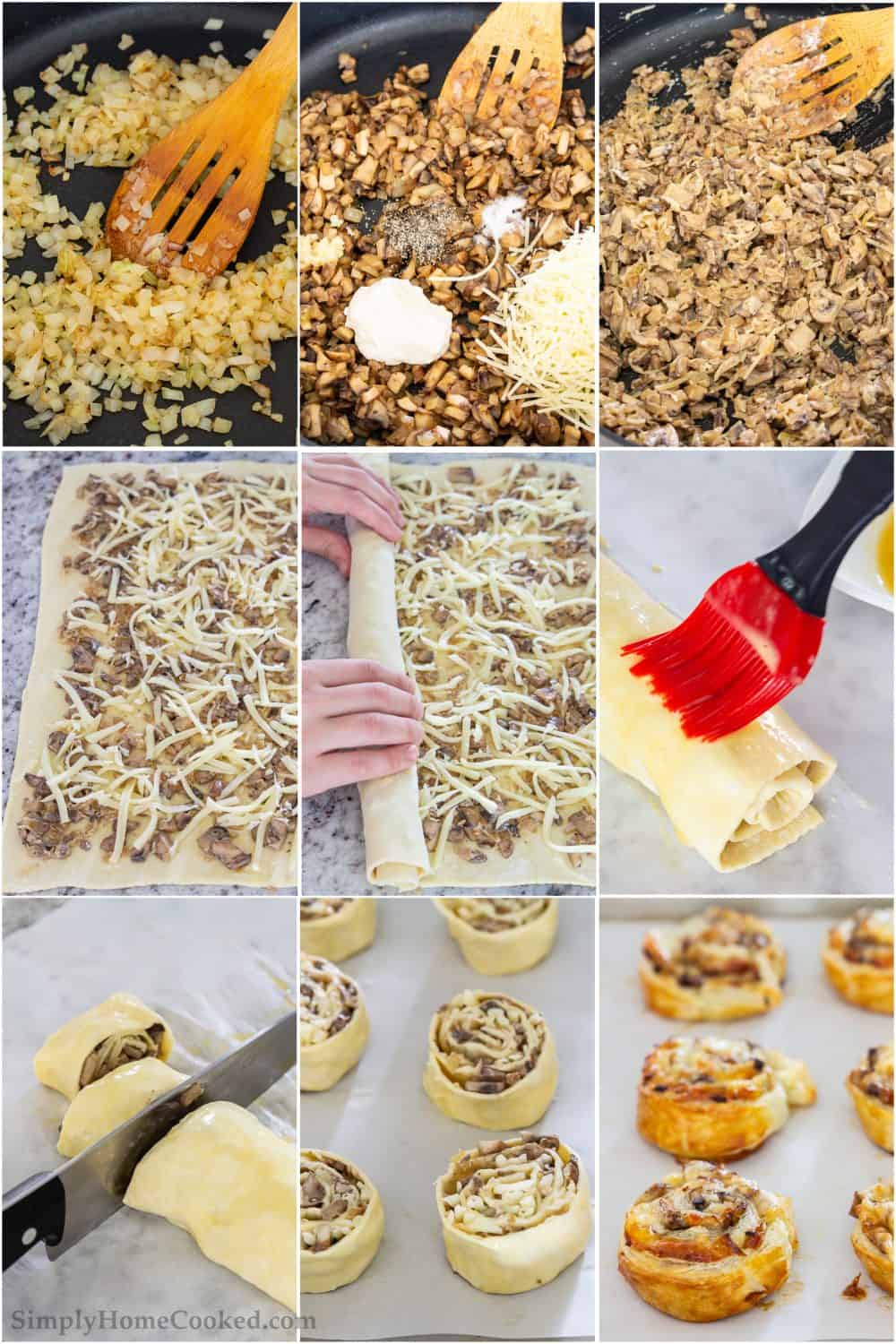 Step by step picture collage of how to prepare the mushroom puff pastry pinwheels including cooking vegetables, mixing together and loading onto puff pastry prior to baking. 