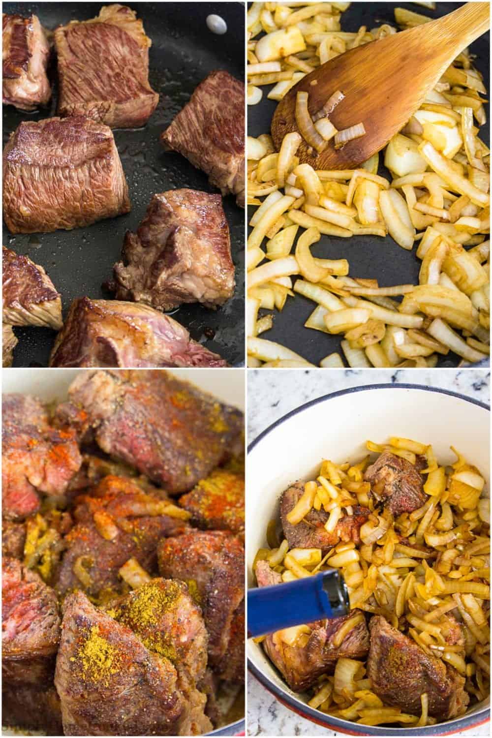 browning beef in a skillet, sautéing onions, adding wine to beef in a dutch oven pot 