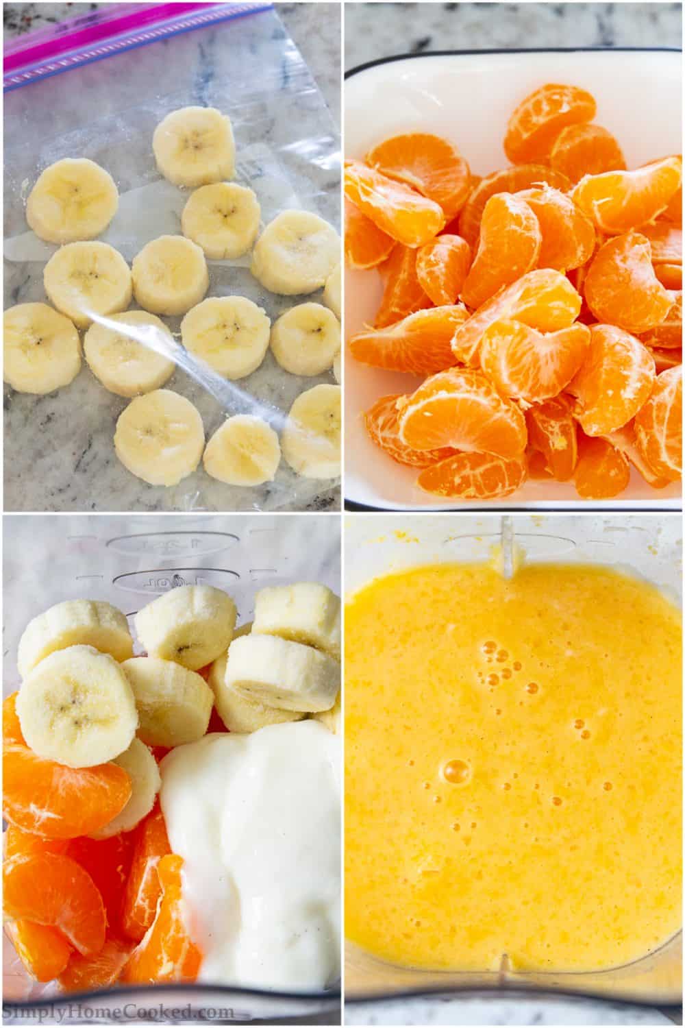 Collage tutorial of preparing bananas and mandarins for the freezer then adding with other ingredients into a blender to create the banana smoothie recipe with mandarins