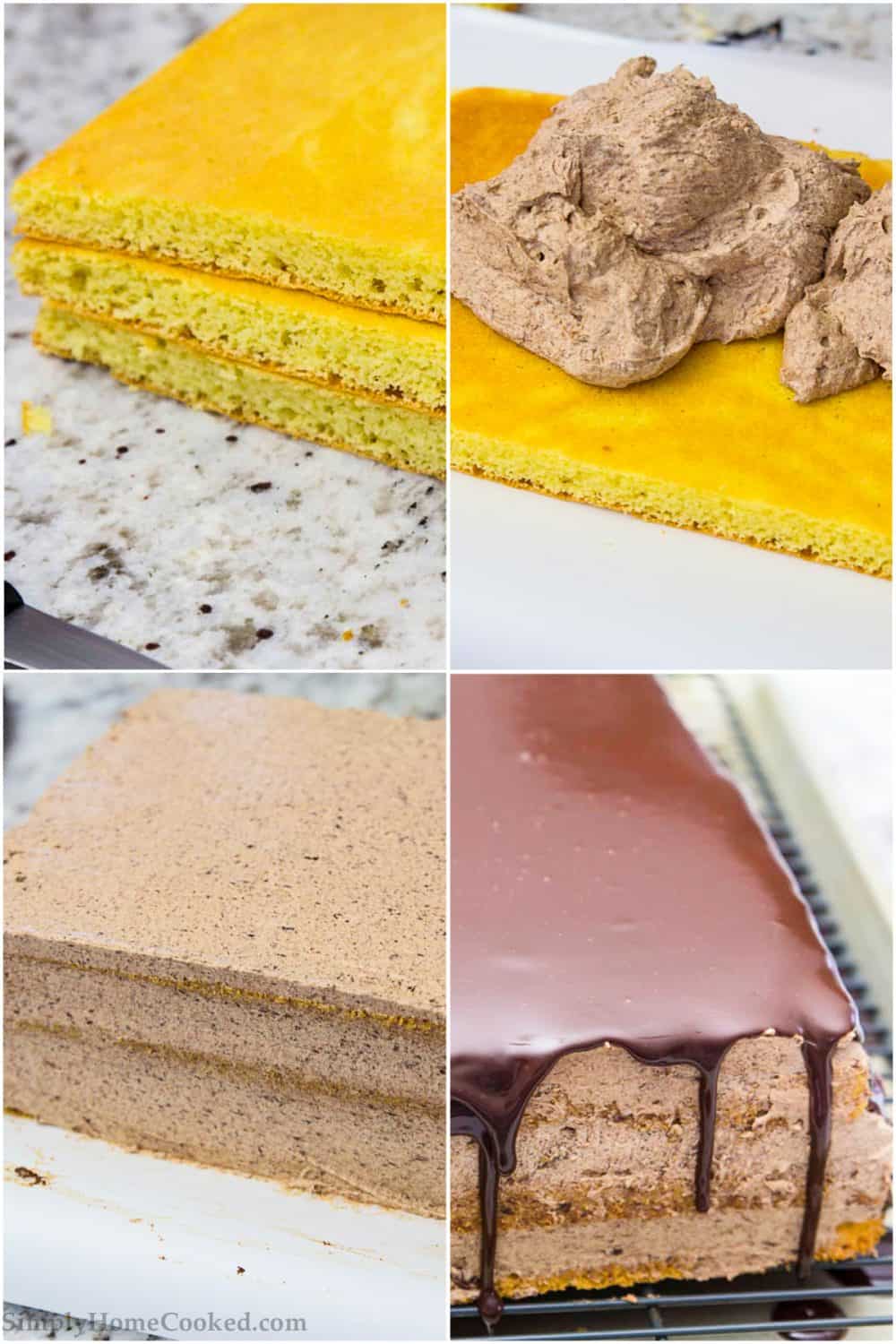 a step by step photo collage of how to assemble an easy opera cake 