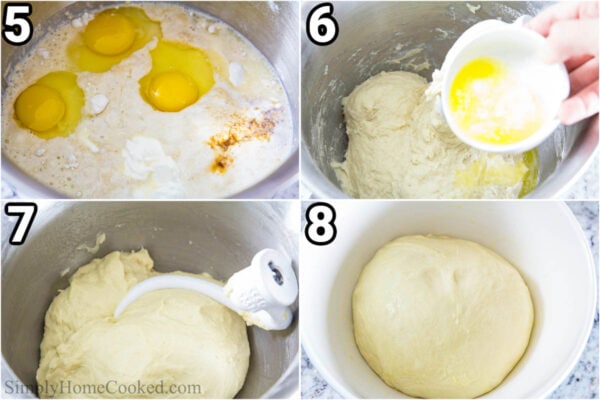 Steps to make Poppy Seed Pull Apart Bread: add the flour and eggs and vanilla, then the melted butter, mixing with the hook attachment until the dough is smooth.