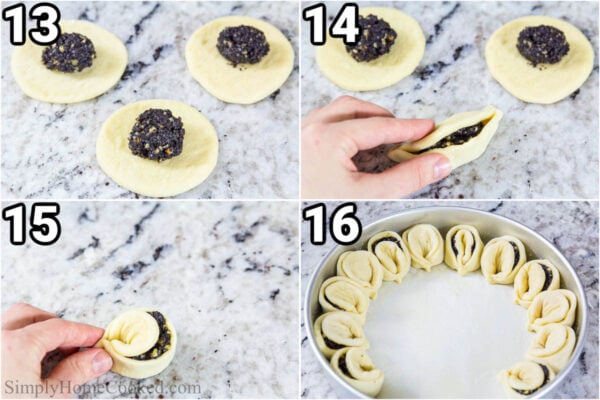 Steps to make Poppy Seed Pull Apart Bread: fill the circles with filling, fold over and pinch he corner together, then assemble the poppy seed rolls in a baking pan.