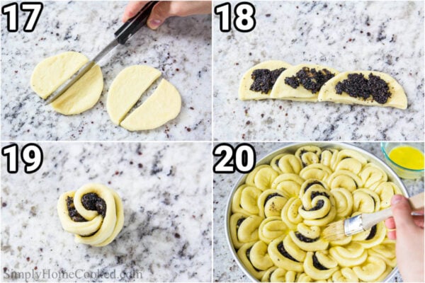 Steps to make Poppy Seed Pull Apart Bread: cut some circles in half and fold them into a rosette before adding to the center of the baking pan and adding egg wash before baking.