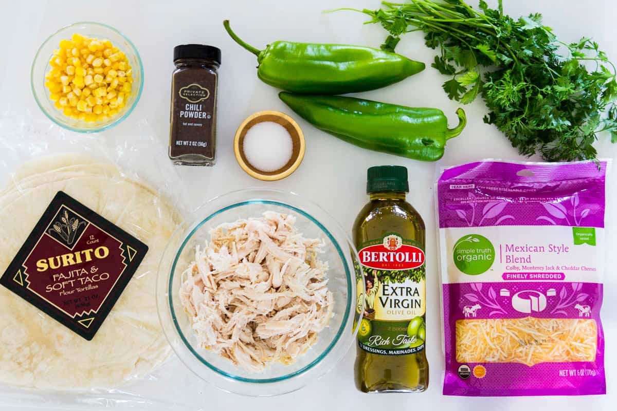 overhead shot of ingredients needed to make easy chicken quesadillas 