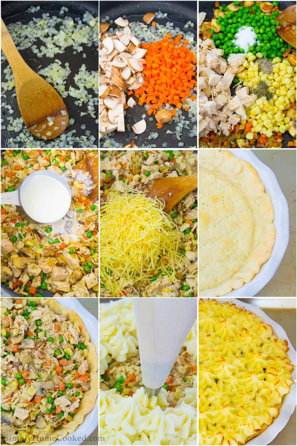 a photo collage of steps on how to make the best turkey shepherds pie suing Thanksgiving leftovers