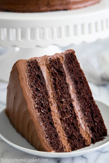 A slice of Nutella cake on a white plate with a white cake stand behind it.