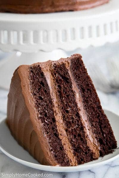 A slice of Nutella cake on a white plate with a white cake stand behind it.