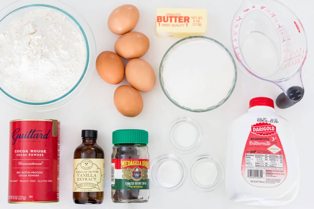Ingredients for Cake in Nutella Cake, including flour, sugar, butter, eggs, salt, buttermilk, water, espresso powder, dutch processed cocoa powder, baking powder, and baking soda.