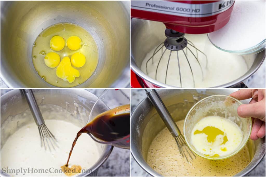 Steps to make Nutella Cake, including mixing the eggs and sugar together, then whisking in the sugar, vanilla, and melted butter.