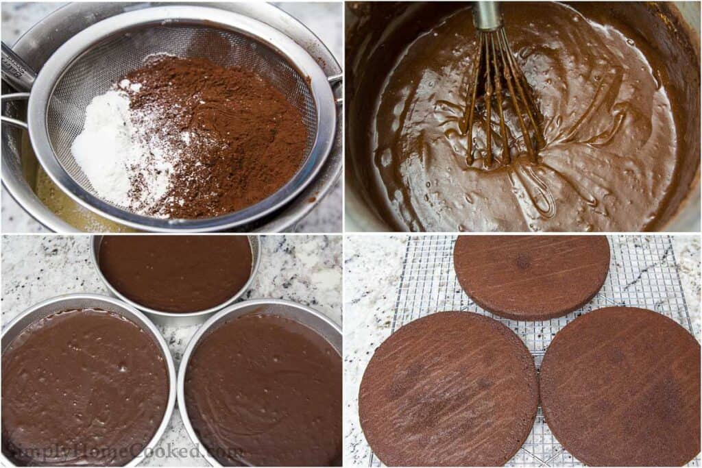 Steps to make Nutella Cake, including sifting in the dry ingredients, mixing, and then baking the 3 chocolate cakes.