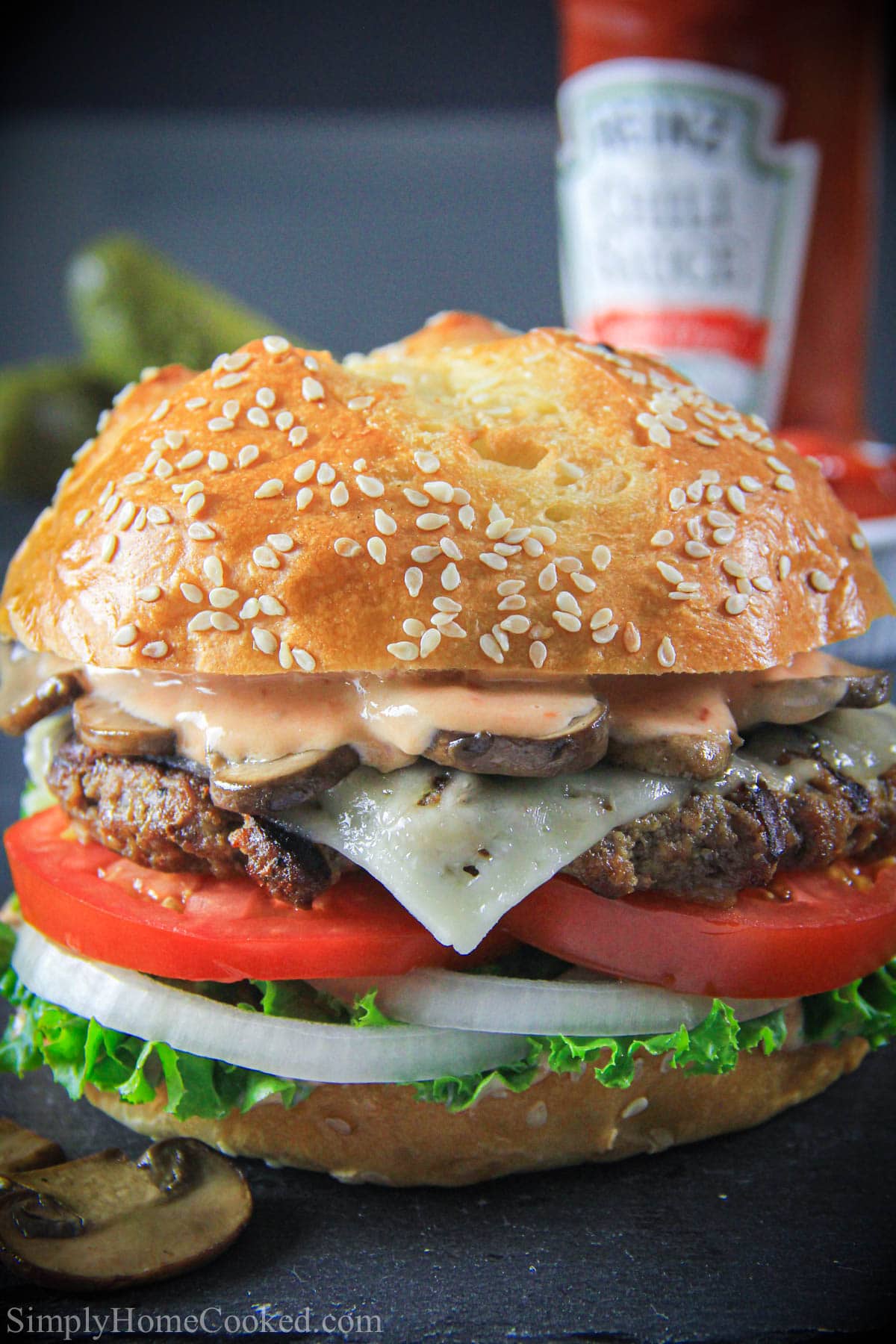 Burger Patty recipe on a bun with lettuce, tomato, cheese, onion, mushrooms, and sauce with ketchup in the background.