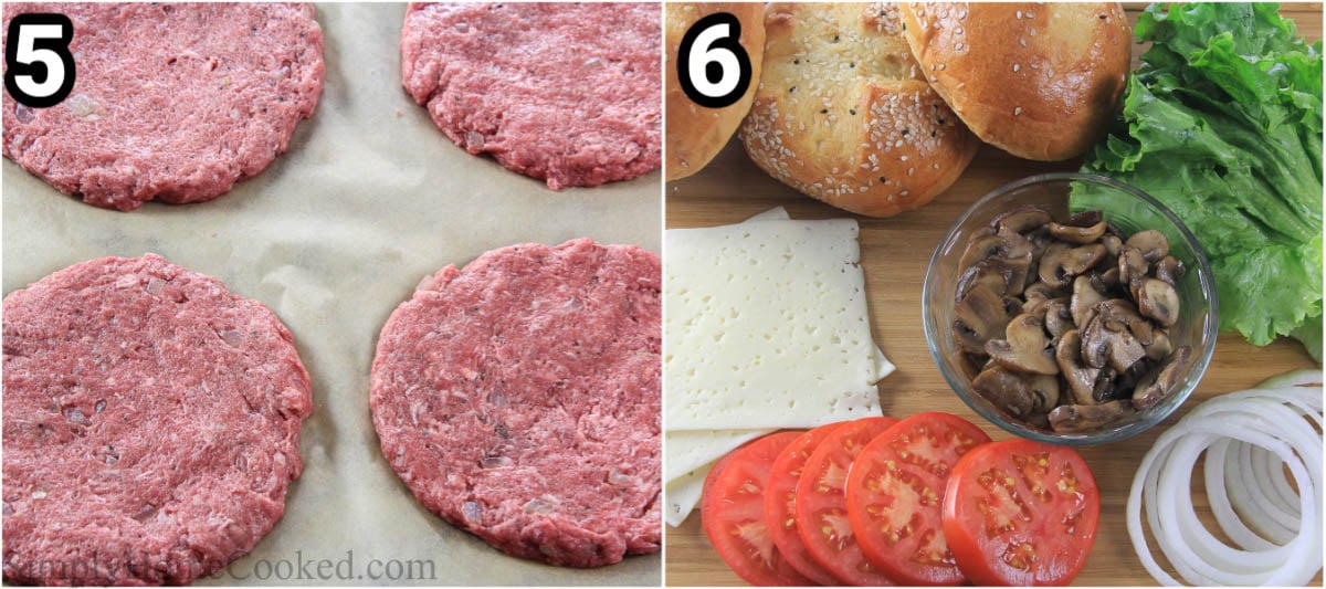 Steps to make this Burger Patty Recipe: forming the patties and then grilling them and assembling them with toppings.