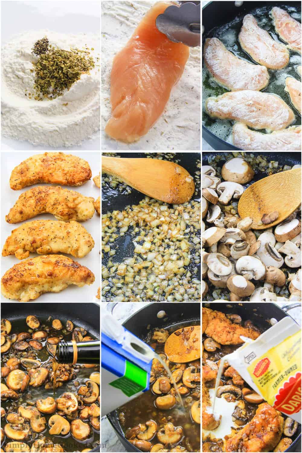 step by step photo collage of how to make easy chicken marsala