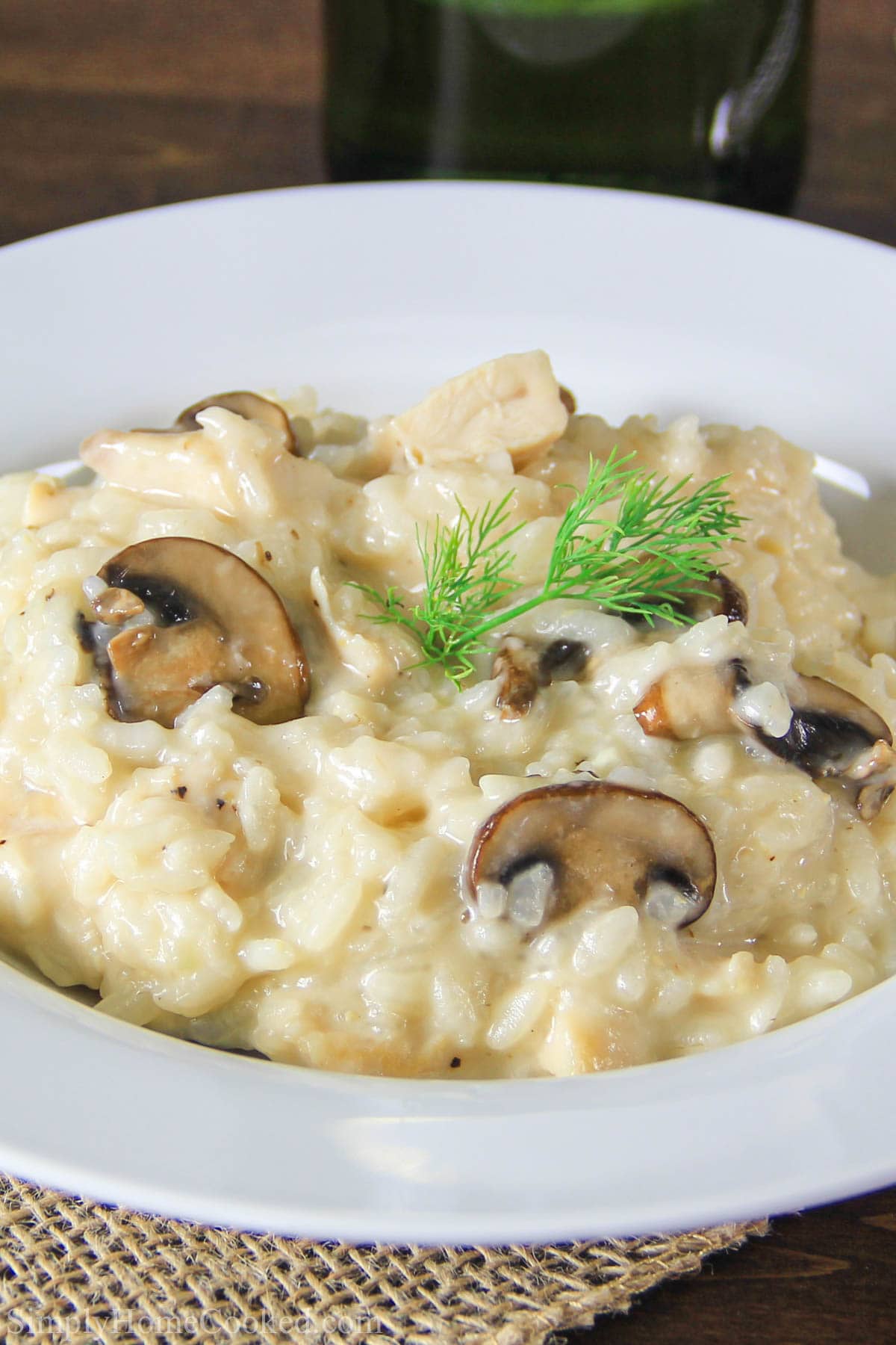 Mushroom Risotto with Chicken on a white plate