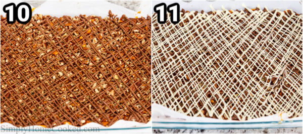 Steps to make Chocolate Caramel Pretzel Bars: drizzle melted milk chocolate and white chocolate on top and let set.