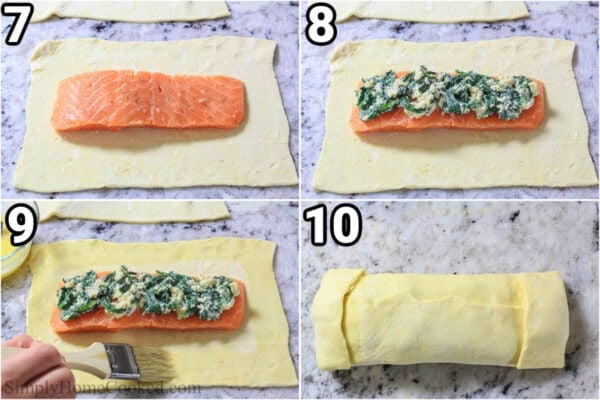 Steps to make Salmon Wellington: place the salmon fillets on the cut and rolled out puff pastry sheets, adding the spinach mixture on top and then brushing with egg wash before folding.