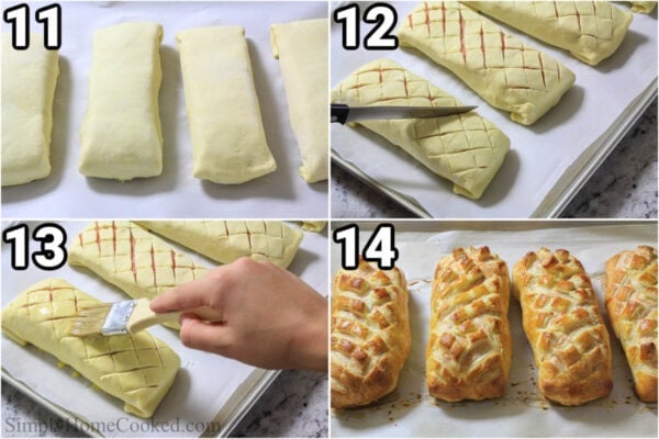 Steps to make Salmon Wellington: fold the wellingtons and then cut a crosshatch pattern into them before adding egg wash and baking.