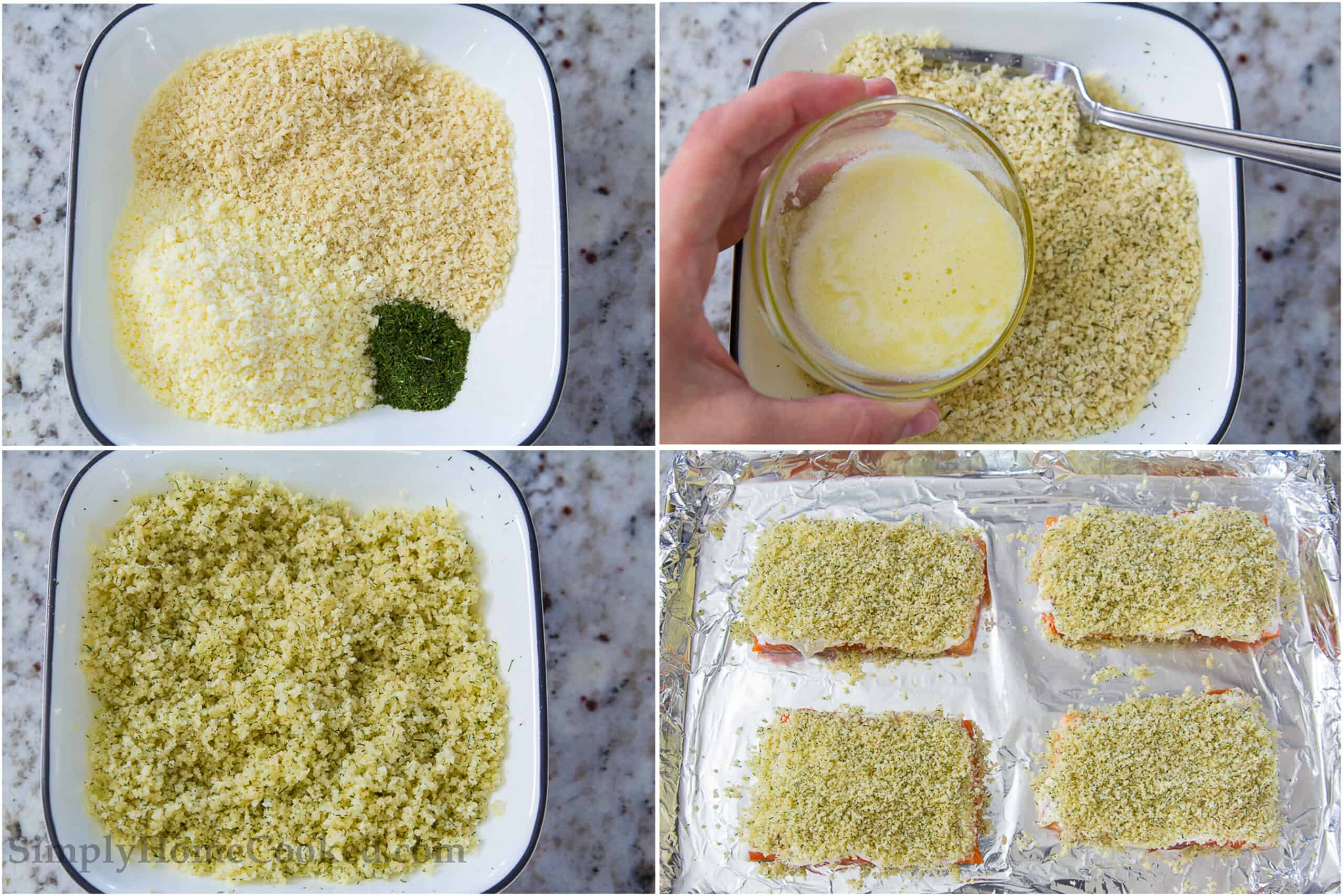 These salmon fillets are smothered in lemony mayonnaise and topped with buttery herbed Panko bread crumbs. #salmonrecipe #easysalmon #quicksalmon #pankosalmon #breadedsalmon 4 image collage on how to make panko crusted salmon