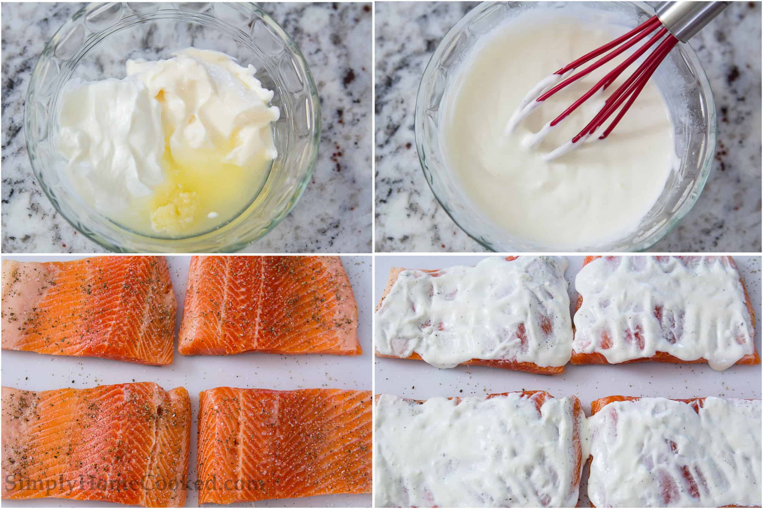 These salmon fillets are smothered in lemony mayonnaise and topped with buttery herbed Panko bread crumbs. #salmonrecipe #easysalmon #quicksalmon #pankosalmon #breadedsalmon 4 image collage of steps to make panko salmon