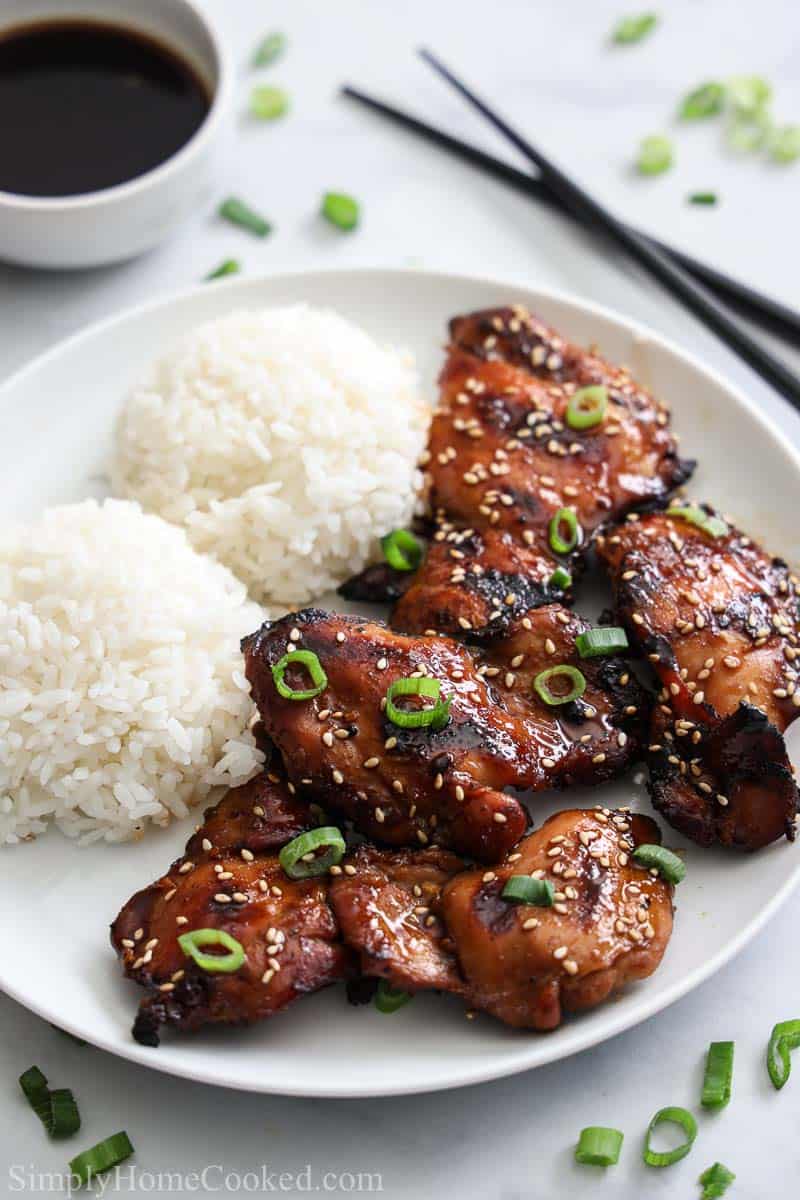 Plate of Grilled Teriyaki Chicken with rice and sauce nearby