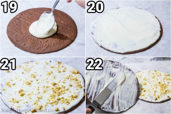 Steps to make Chocolate Spartak Cake: layer the cake with cake then filling, then walnuts, then some filling on the bottom of the next layer of cake.
