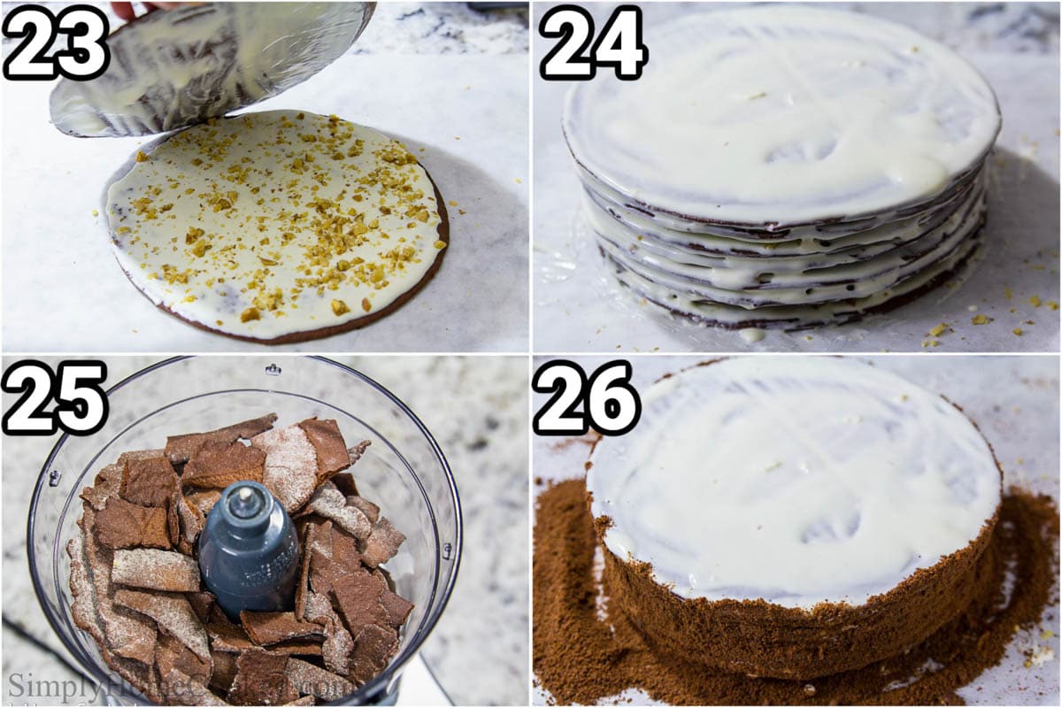 Steps to make Chocolate Spartak Cake: assemble the cake into layers, then put the scraps of cake in a food processor and pulse until they're crumbs, which are pressed to the sides and top of the cake.